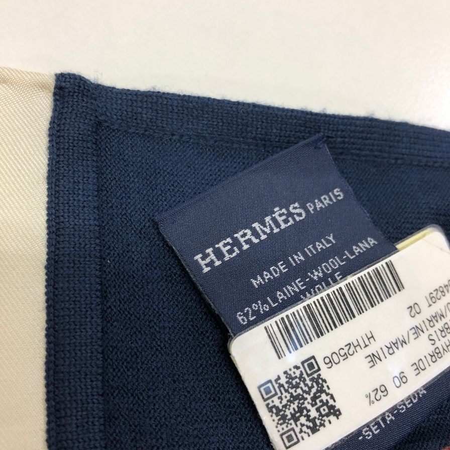 エルメス カレ90 ハイブリッド エクスリブリス シルク ウール ネイビー×ホワイト レディース HERMES【AFI21】
