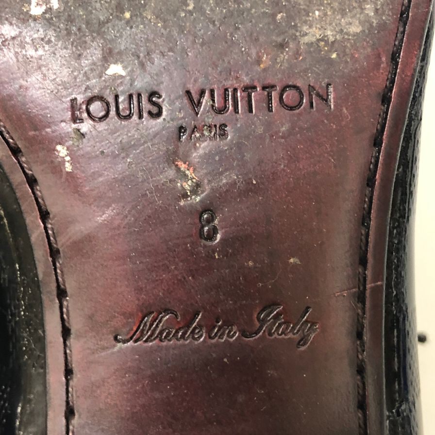 ルイヴィトンST1008 レザーシューズ プレーントゥ ガラスレザー チェック柄 ブラック サイズUK8 メンズ LOUIS VUITTON 約27.0cm【AFC4】