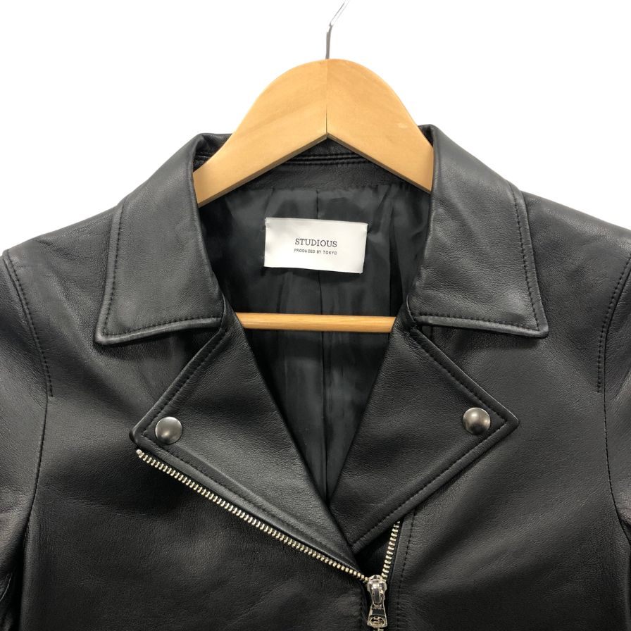 美品◆ステュディオス ダブルライダースジャケット ラムレザー ブラック レディース サイズ1 STUDIOUS 【AFG1】