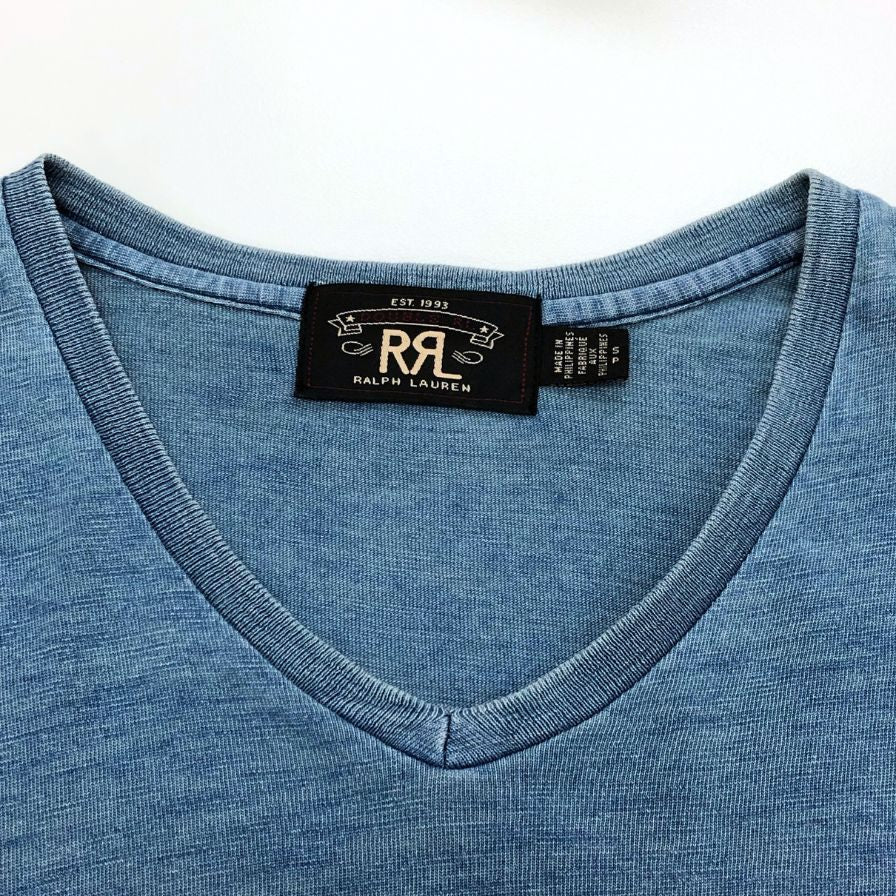 美品◆ダブルアールエル ラルフローレン 半袖Tシャツ Vネック ブルー メンズ サイズS RRL RALPH LAUREN 【AFB46】