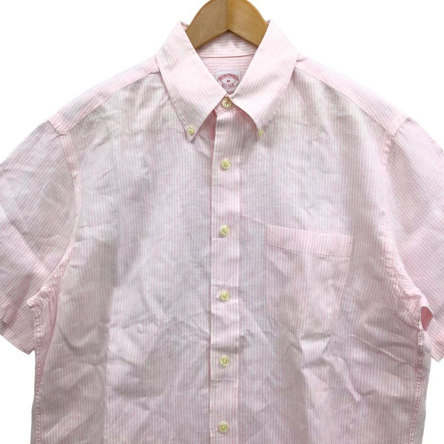美品◆ブルックスブラザーズ シャツ 半袖 ボタンダウン ストライプ 麻 メンズ ピンク サイズM Brooks Brothers 【AFB25】