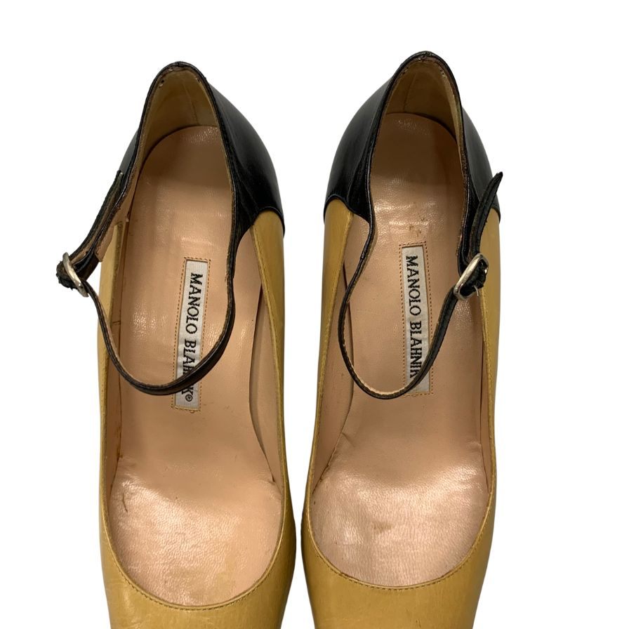 美品◆マノロ ブラニク ピンヒール サンダル ストラップ レザー ベージュ ブラック コンビ サイズ37 レディース MANOLO BLAHNIK【AFC8】