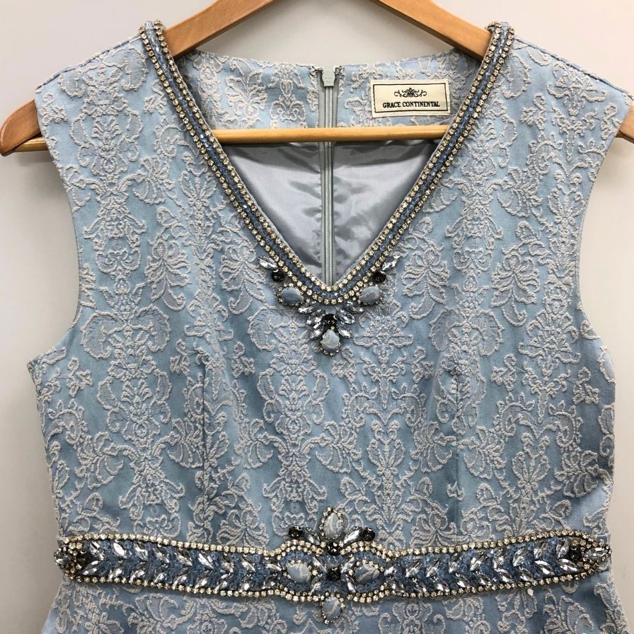 美品◆グレースコンチネンタル ノースリーブワンピース ビジュー装飾 レースデザイン ブルー レディース サイズ36 GRACE CONTINENTAL 【AFB47】