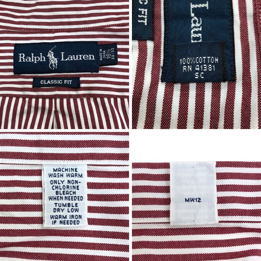 ラルフローレン 90S 長袖シャツ ストライプ レッド系 サイズ16 1/2 Ralph Lauren【LA】