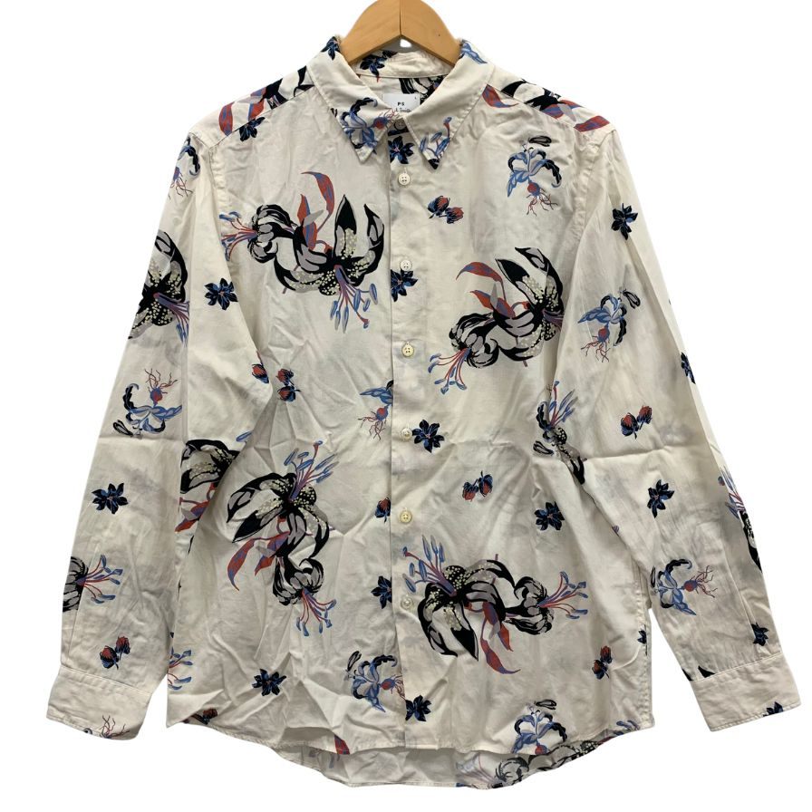 美品◆ピーエス ポールスミス シャツ 長袖 Lily 花柄 ホワイト系 セルロース コットン サイズL メンズ PS Paul Smith 【AFB27】