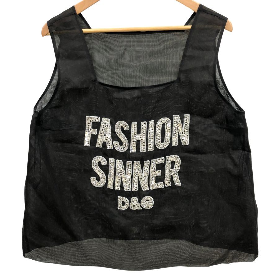極美品◆ドルチェ&ガッバーナ 2018-2019AW コレクション トップス FASHION SINNER D&G リアル クリスタル ロゴ レディース サイズ44 ブラック DOLCE & GABBANA 【AFB45】