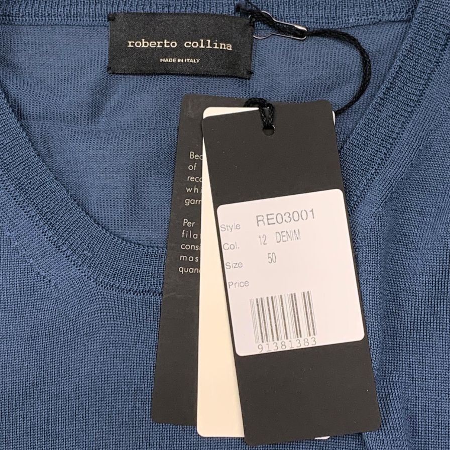 美品◆ロベルトコリーナ 長袖 カットソー ラナウール ネイビー メンズ 50サイズ Roberto Collina 【AFB23】