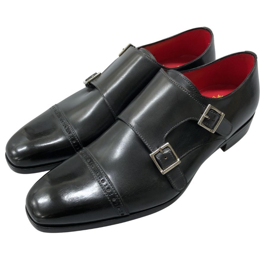 ウィリアム クライン レザーシューズ ダブルモンク パンチドキャップトゥ ブラック サイズ8 メンズ William Klein 約26.5cm【AFC47】