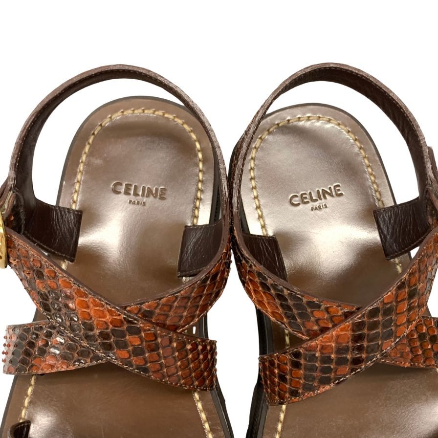 美品◆セリーヌ チャンキーサンダル パイソンレザー ブラウン レディース サイズ37 CELINE【AFD8】