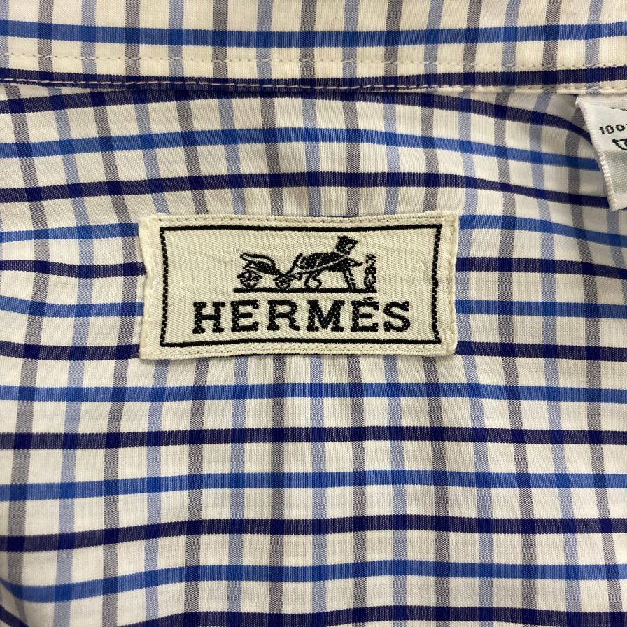 美品◆エルメス シャツ 長袖 チェック柄 コットン ブルー ホワイト サイズ39 メンズ HERMES 【AFA5】