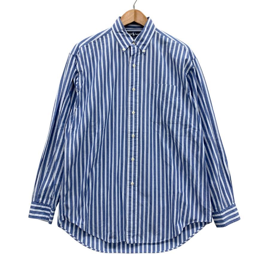 美品◆ラルフローレン 90S 長袖シャツ ストライプ ブルー系 サイズM Ralph Lauren 【AFB51】