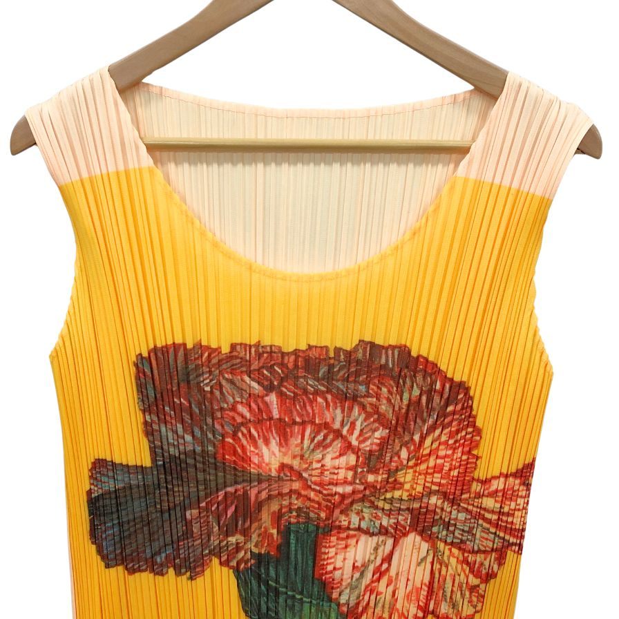美品◆プリーツプリーズ イッセイミヤケ ノースリトップス カーネーション イエロー レディース サイズ3 PP06-JK101 PLEATS PLEASE ISSEY MIYAKE 【AFB7】