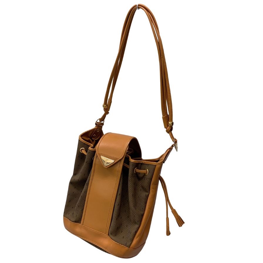 イヴサンローラン バケツ型 ワンショルダー バッグ YSL ロゴ ゴールド金具 キャンバス レザー ブラウン Yves Saint Laurent【AFE6】