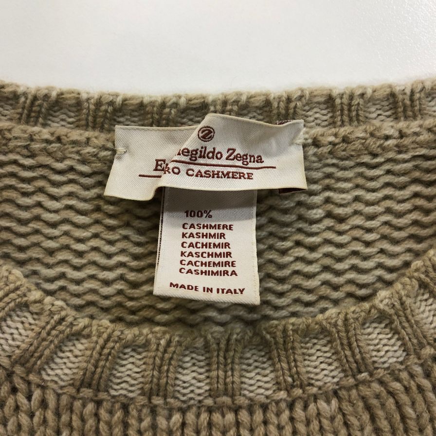 美品◆エルメネジルドゼニア ニットセーター カシミヤ100% クルーネック ベージュ系 サイズ50 メンズ Ermenegildo Zegna 【AFB41】