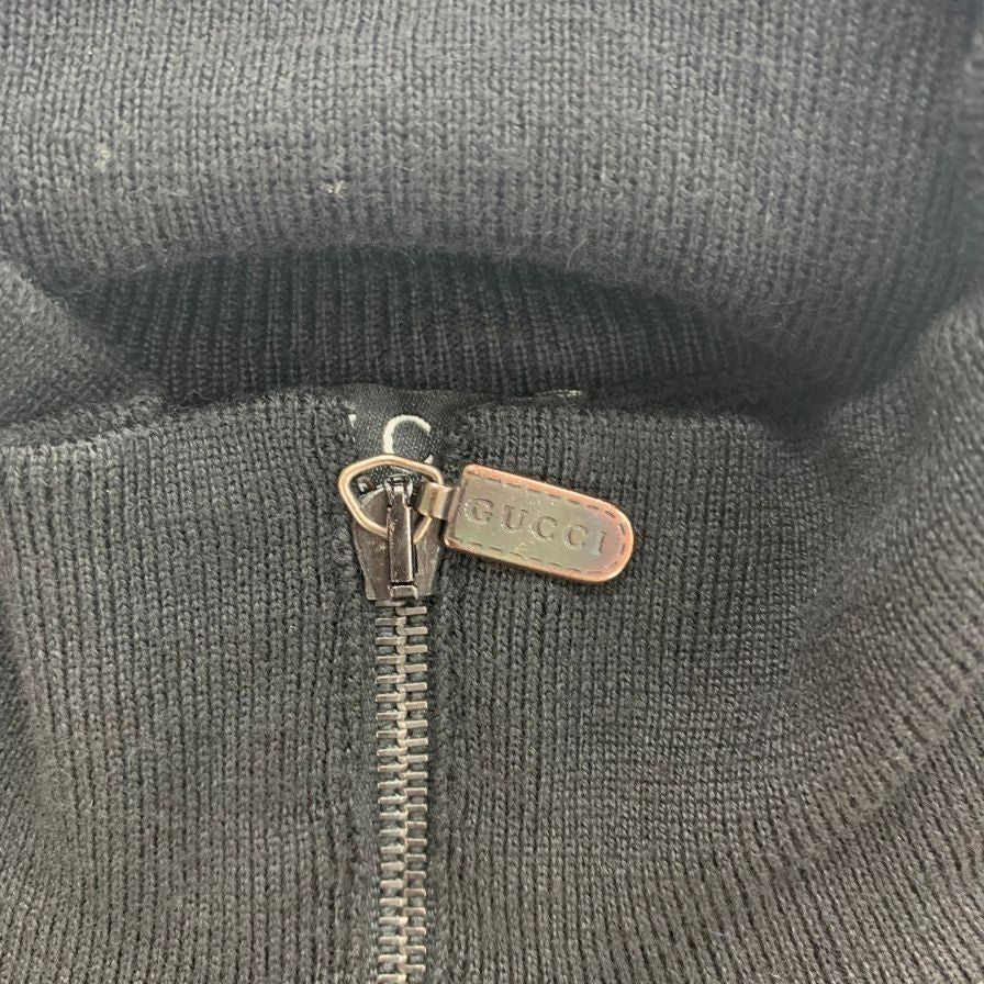 中古◆グッチ ニットブルゾン ジップアップ エポーレット ショルダーストラップ ウール100% サイズL ブラック メンズ GUCCI 【AFB2】