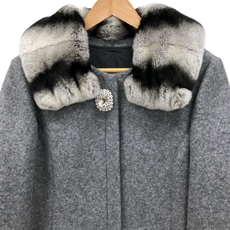 美品◆ルネ コート ウール レッキスファー 中綿ライナー ロング ビジュー付 グレー レディース サイズ38 Rene 【AFF23】