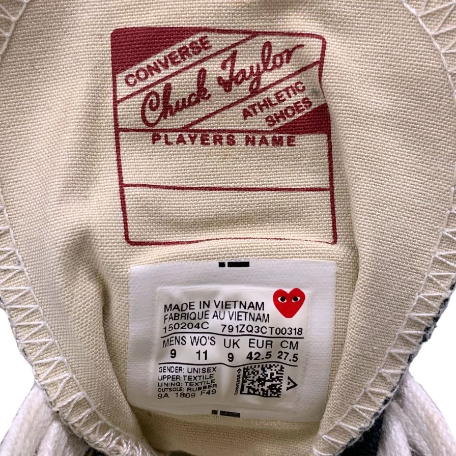 プレイ コムデギャルソン×コンバース スニーカー ハイカット ハートロゴ キャンバス メンズ サイズ27.5 PLAY COMME des GARCONS×CONVERSE 約27.5cm【AFC31】