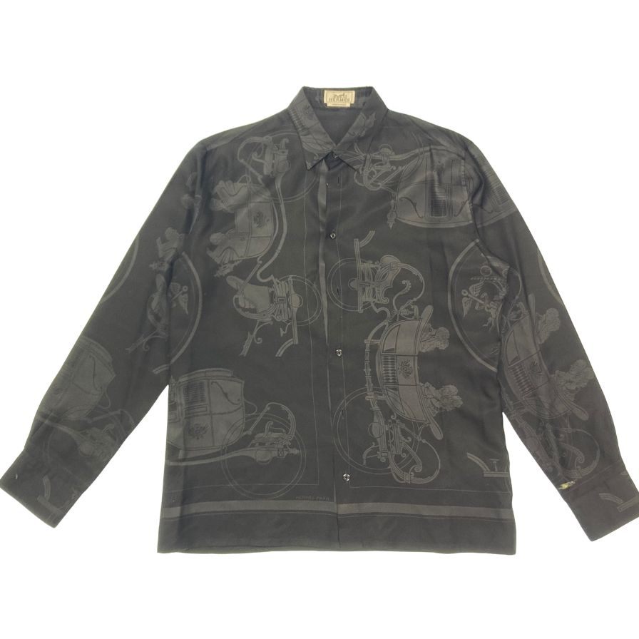 エルメス シャツ ロングスリーブ 総柄 シルク100% サイズ42 ブラック系 HERMES【AFB22】