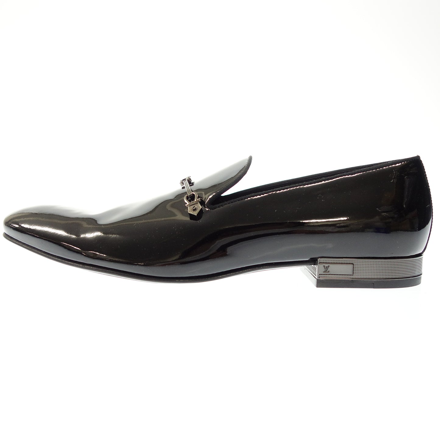 美品◆ルイヴィトン レザーローファー パテント LV金具 メンズ サイズ8 1/2 黒 LOUIS VUITTON【AFC2】