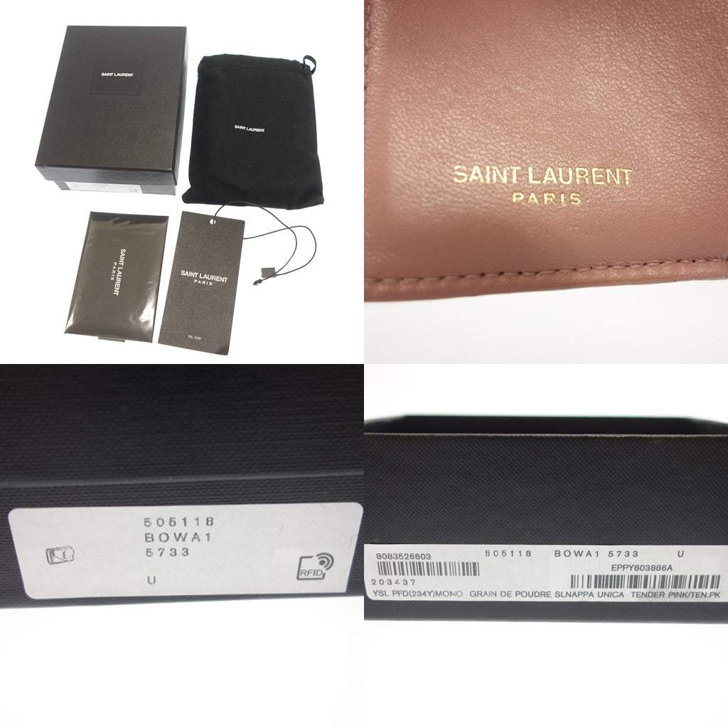 サンローラン 三つ折り ミニ財布 Vステッチ 505118 ピンク 箱 SAINT LAURENT【AFI18】【中古】