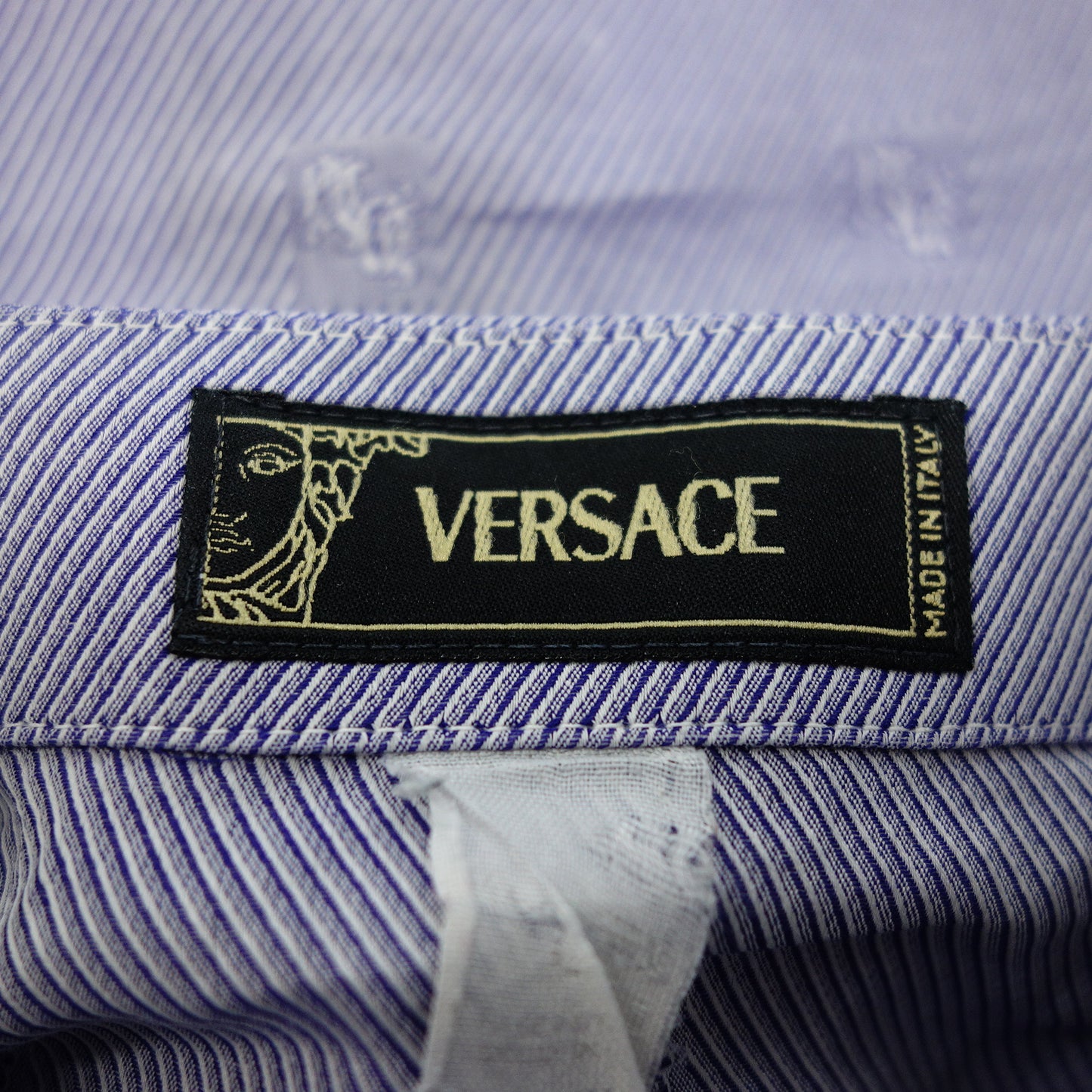 美品◆ヴェルサーチ 長袖シャツ ストライプ ロゴ サイズ50 メンズ 青 VERSACE【AFB21】