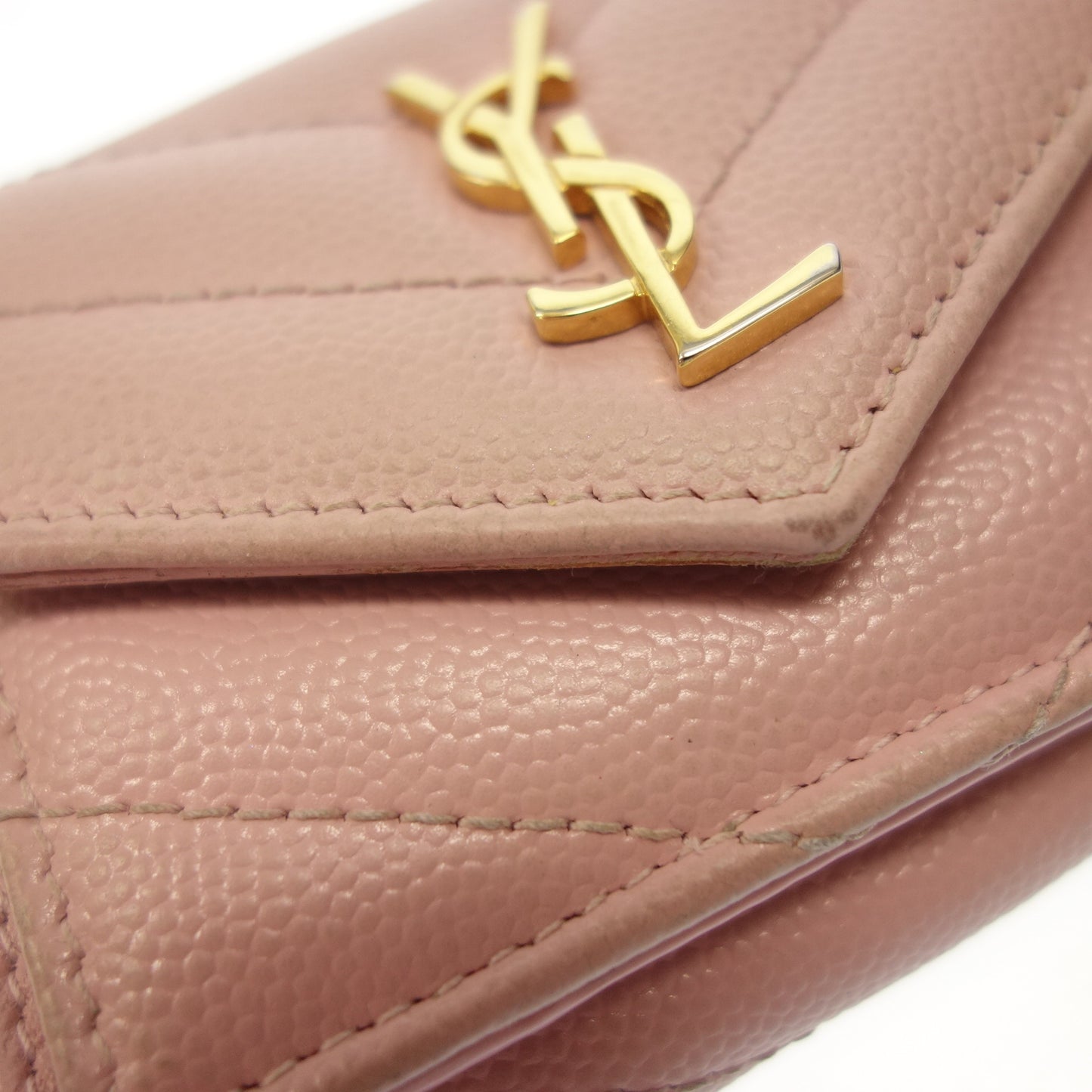 サンローラン 三つ折り ミニ財布 Vステッチ 505118 ピンク 箱 SAINT LAURENT【AFI18】【中古】