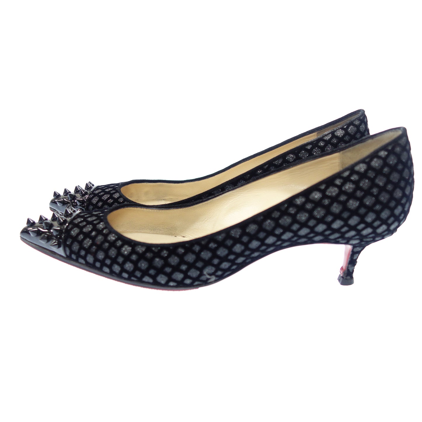 クリスチャンルブタン レザー×ファブリック パンプス スパイクスタッズ レディース ブラック 37 Christian Louboutin【AFC34】【中古】