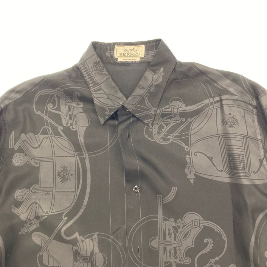 エルメス シャツ ロングスリーブ 総柄 シルク100% サイズ42 ブラック系 HERMES【AFB22】