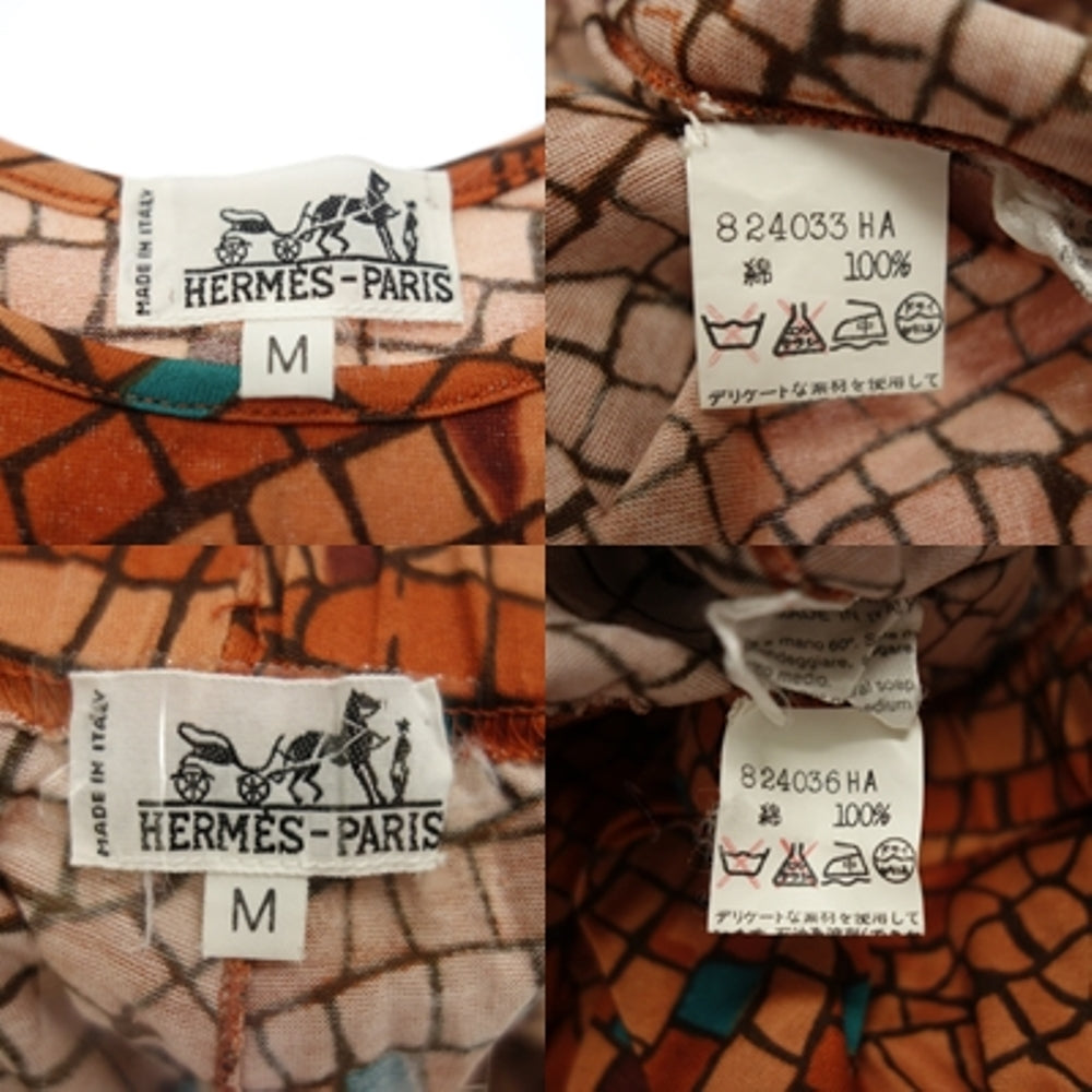 美品◆エルメス セットアップ ノースリーブ コットン プリント ブラウン系 サイズM レディース HERMES【AFB24】