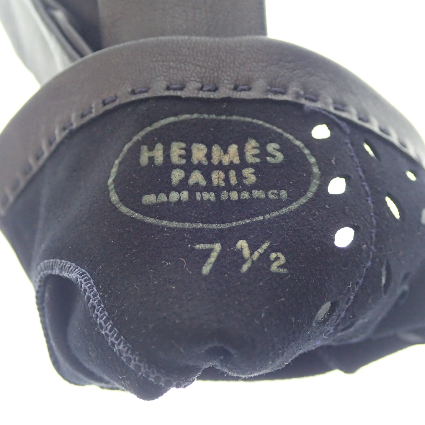 美品◆エルメス レザーグローブ パンチング レザー レディース サイズ7.5 ネイビー 箱付き HERMES【AFI18】