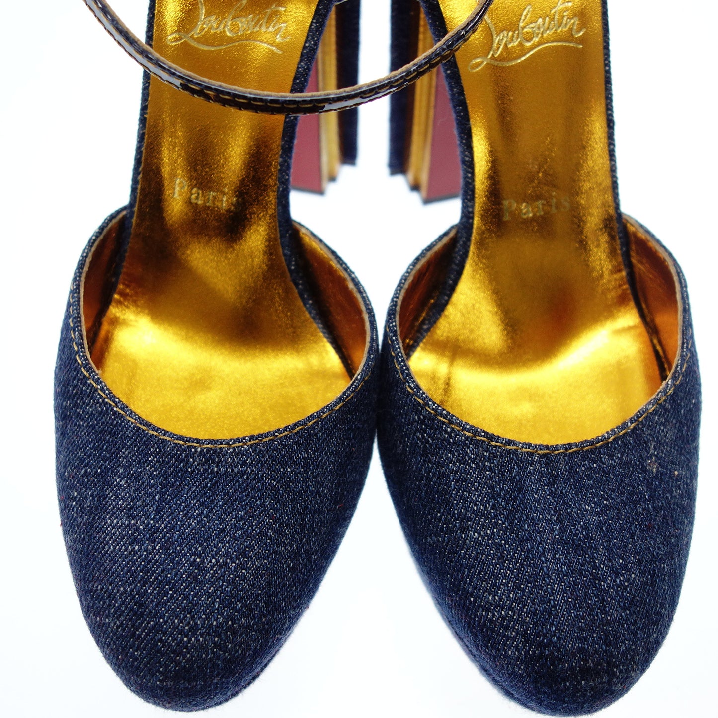 クリスチャンルブタン スクエアヒール アンクルストラップ デニム生地 レディース 39 青系 Christian Louboutin【AFC49】【中古】