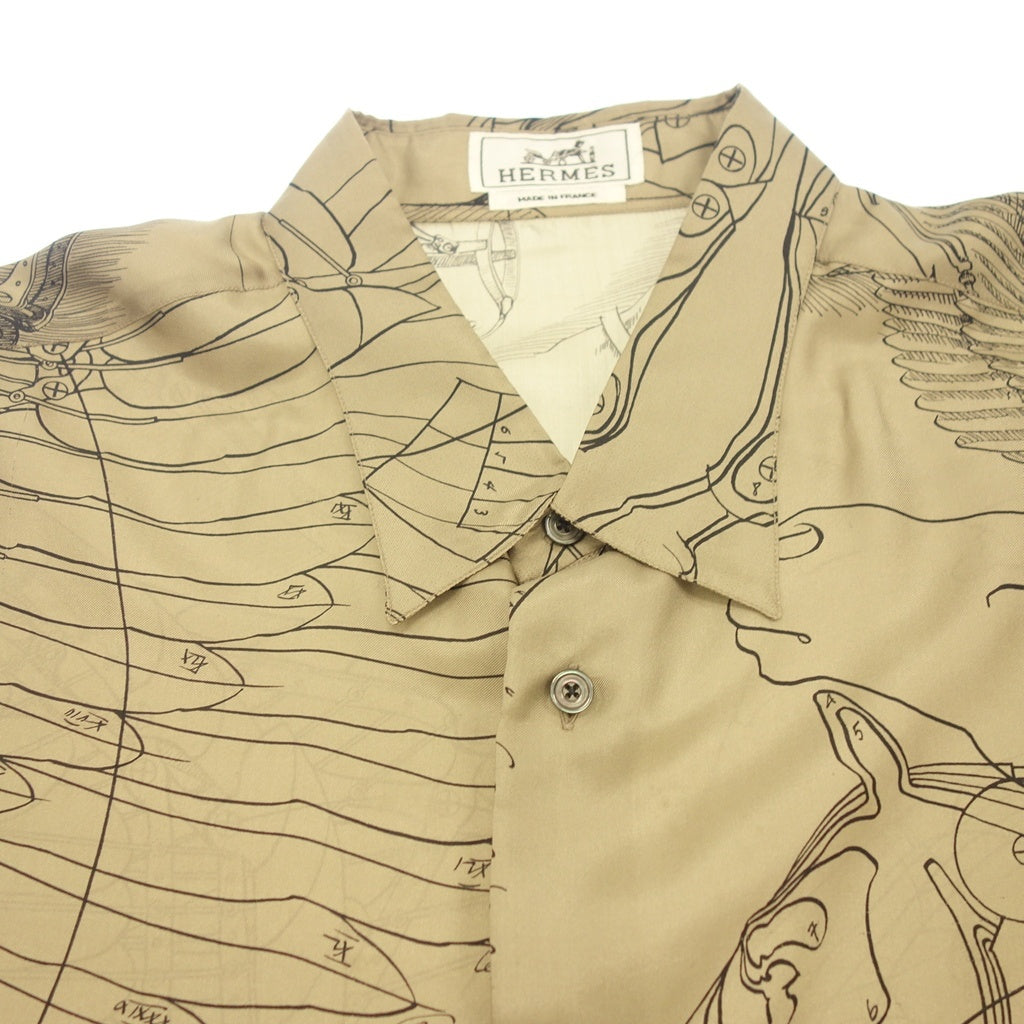 美品◆エルメス シャツ ロングスリーブ 総柄 シルク100% メンズ サイズ44 ブラウン系 HERMES【AFB15】