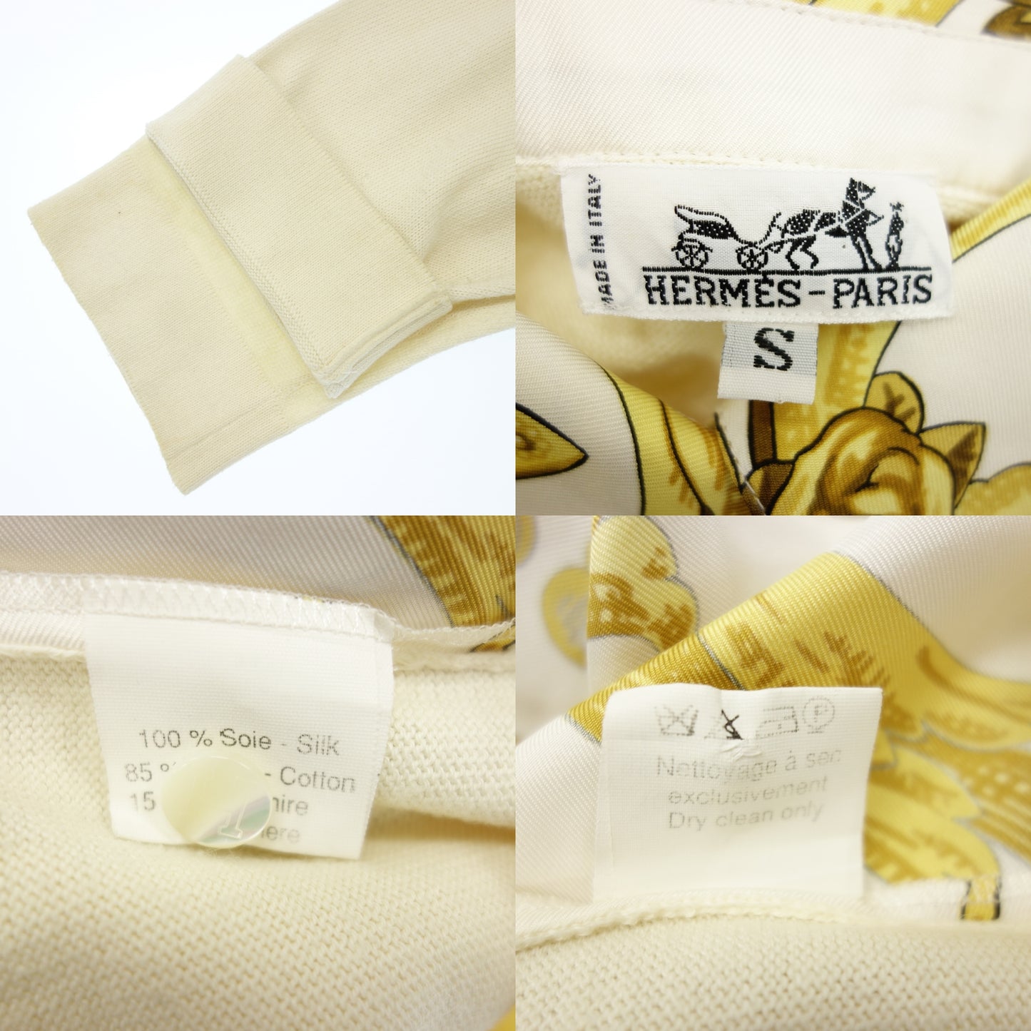 エルメス ニットポロシャツ スカーフ柄 シルク シェルボタン レディース S イエロー/ホワイト HERMES【AFB19】【中古】