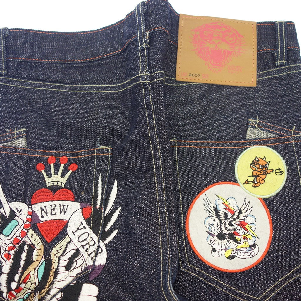 中古◆エド ハーディ デニム デニムパンツ 刺繍&パッチ付 Lot2007 メンズ サイズ30 インディゴ Ed Hardy DENIM【AFB51】