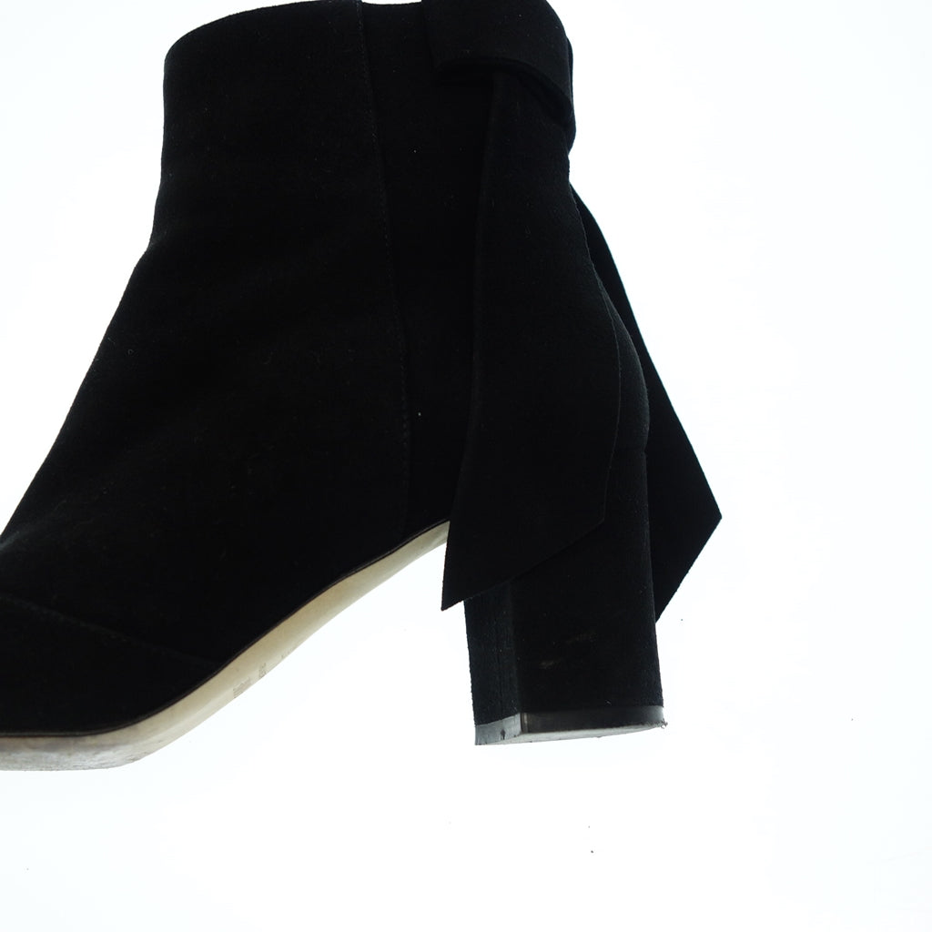 美品◆フォクシー ショートブーツ スエード レザー リボン サイドジップ レディース 37 ブラック FOXEY【AFC49】