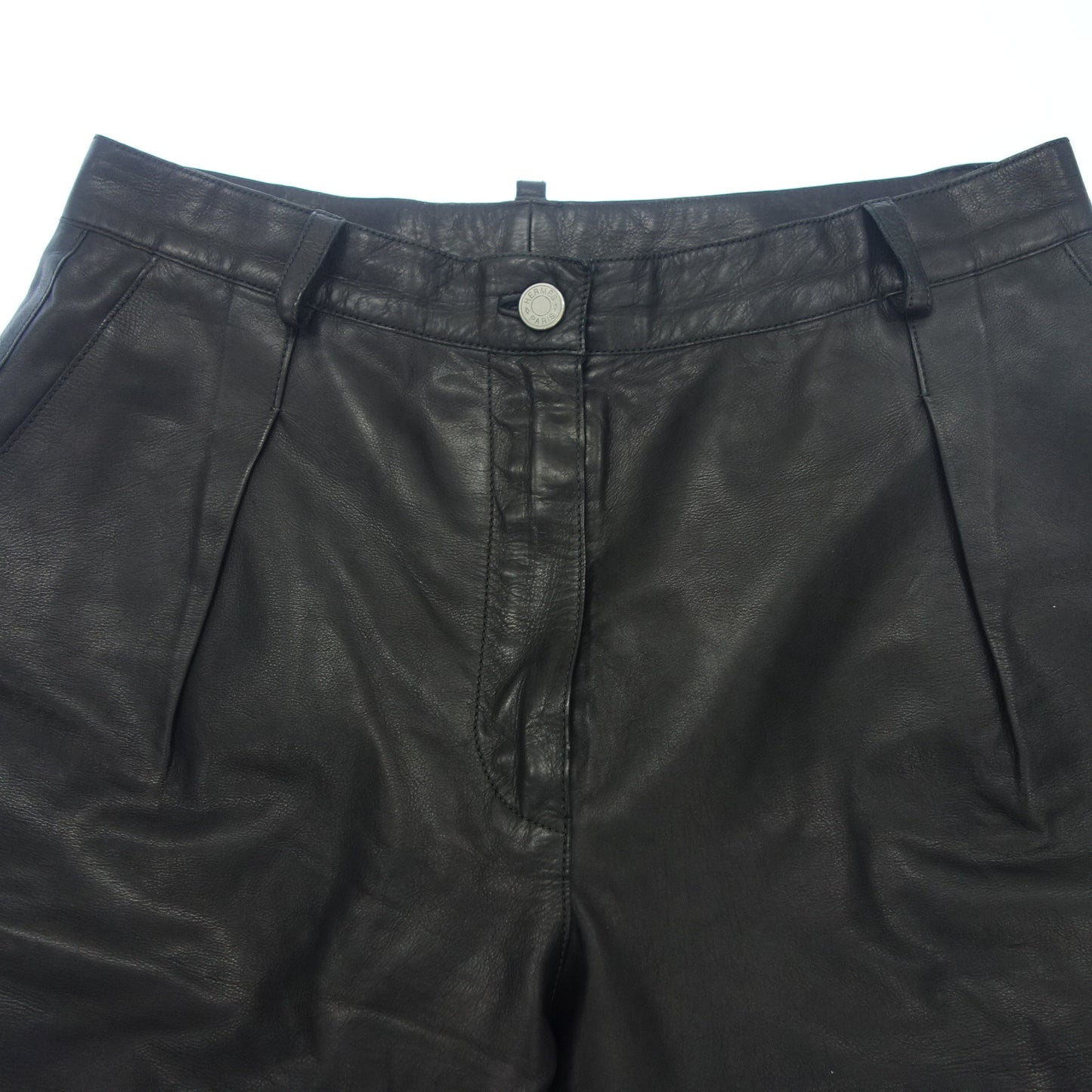 美品◆エルメス レザーパンツ ショートパンツ セリエボタン カーフスキン レディース ブラック サイズ36 HERMES【AFG1】
