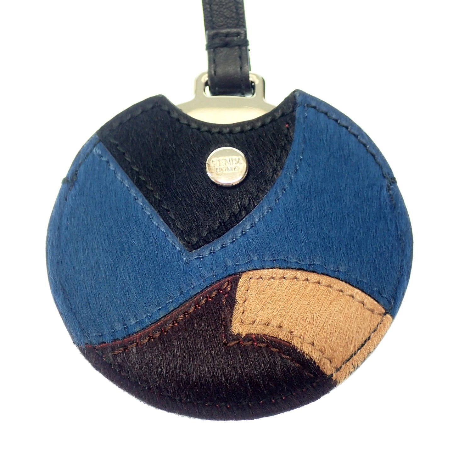 美品◆フェンディ 手鏡 ミラー バッグチャーム キーホルダー レザー 青系 FENDI【AFI8】