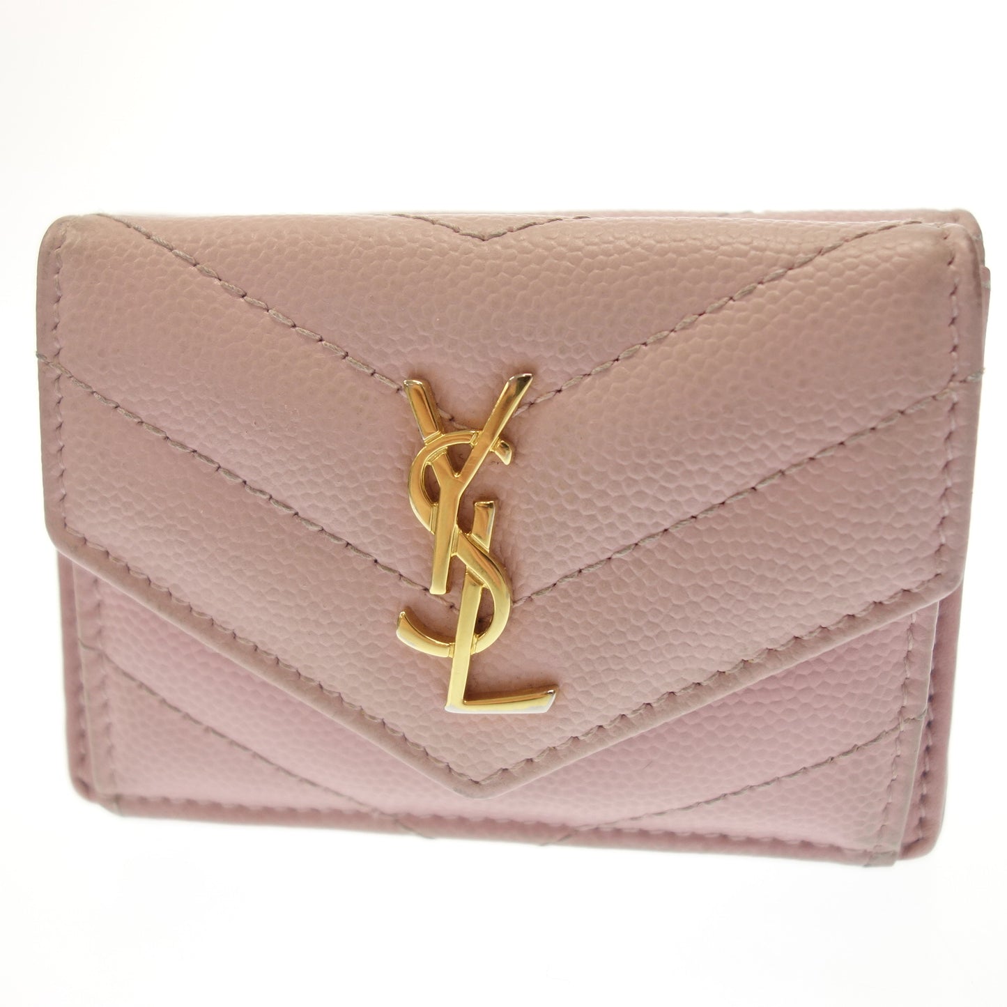 サンローラン 三つ折り ミニ財布 Vステッチ 505118 ピンク 箱 SAINT LAURENT【AFI18】【中古】