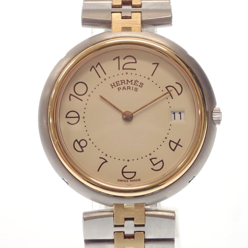中古◆エルメス 腕時計 プロフィール クォーツ アイボリー文字盤 デイト シルバー×ゴールド 353611 箱付き HERMES【AFI18】