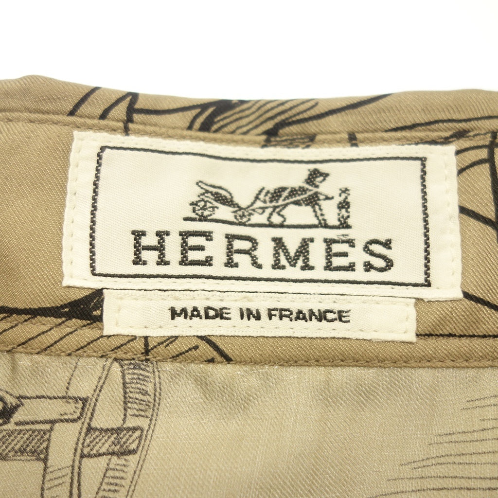 美品◆エルメス シャツ ロングスリーブ 総柄 シルク100% メンズ サイズ44 ブラウン系 HERMES【AFB15】