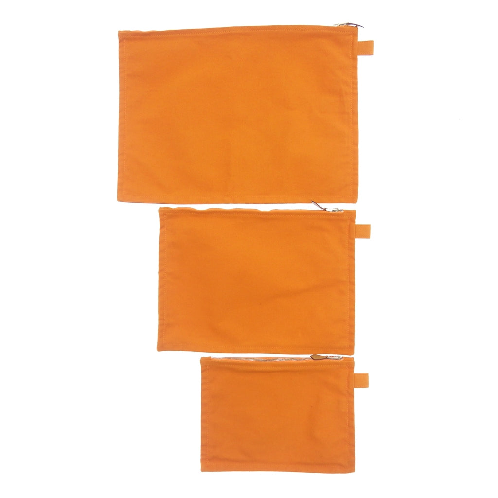 美品◆エルメス ボラボラポーチ キャンバス シルバー金具 3点セット オレンジ HERMES【AFE6】