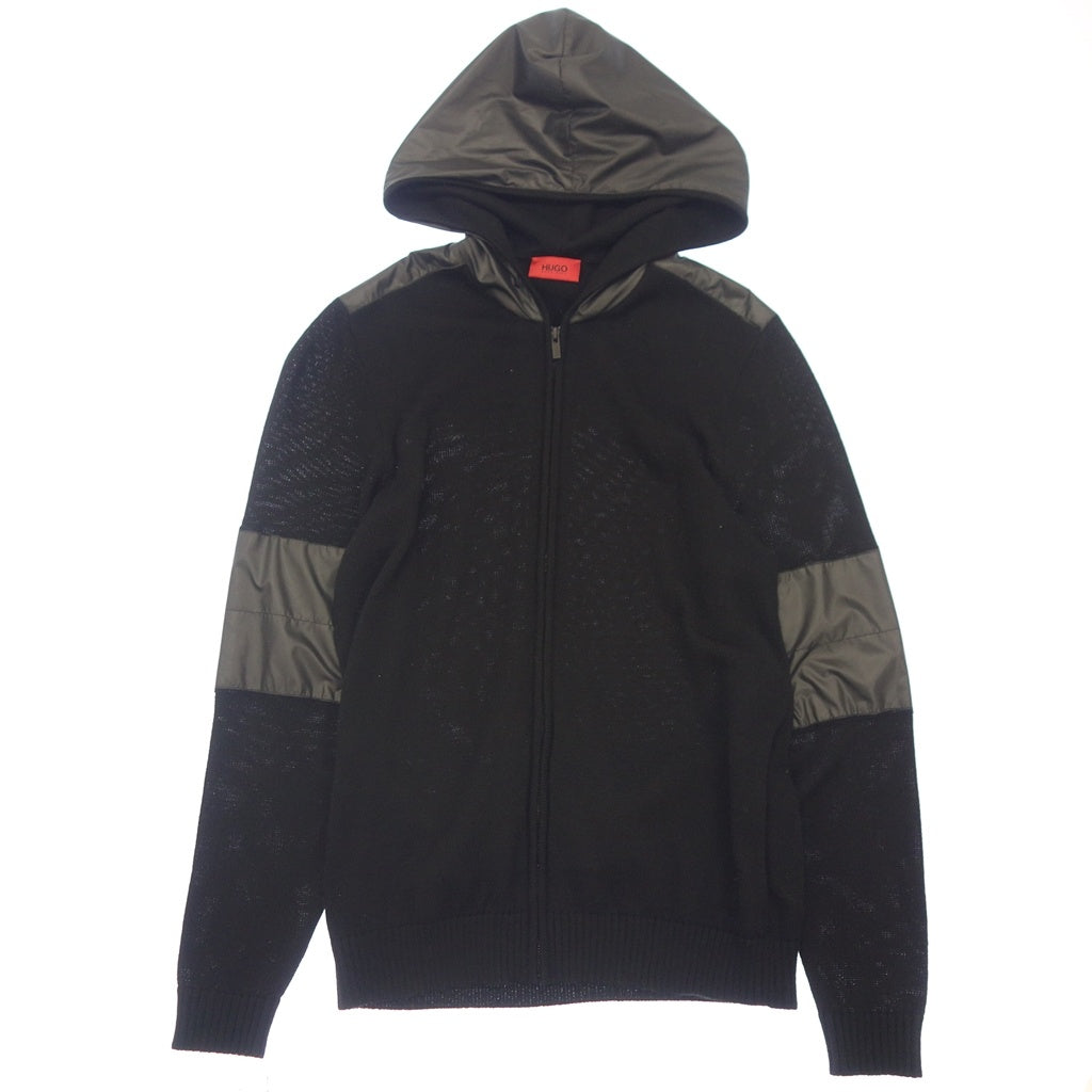 美品◆ヒューゴ ボス ニット&ナイロン切替 パーカー メンズ サイズXL ブラック HUGO BOSS【AFB7】