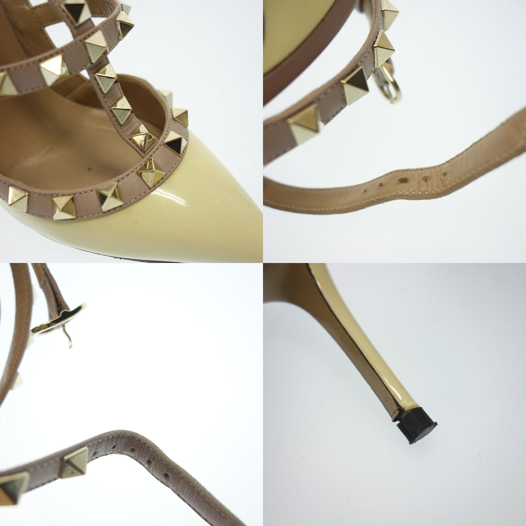美品◆ヴァレンティノ ガラヴァーニ ロックスタッズ アンクルストラップ パンプス レザー シルバー金具 レディース 34 ベージュ系 VALENTINO GARAVANI【AFD6】