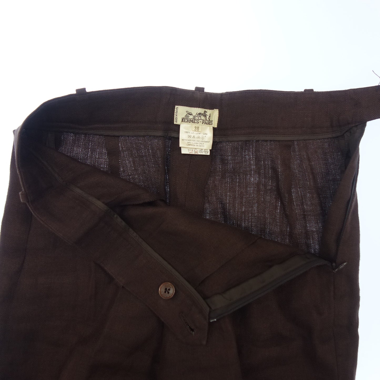 エルメス スラックスパンツ リネン レディース 38 茶系 HERMES【AFB17】【中古】