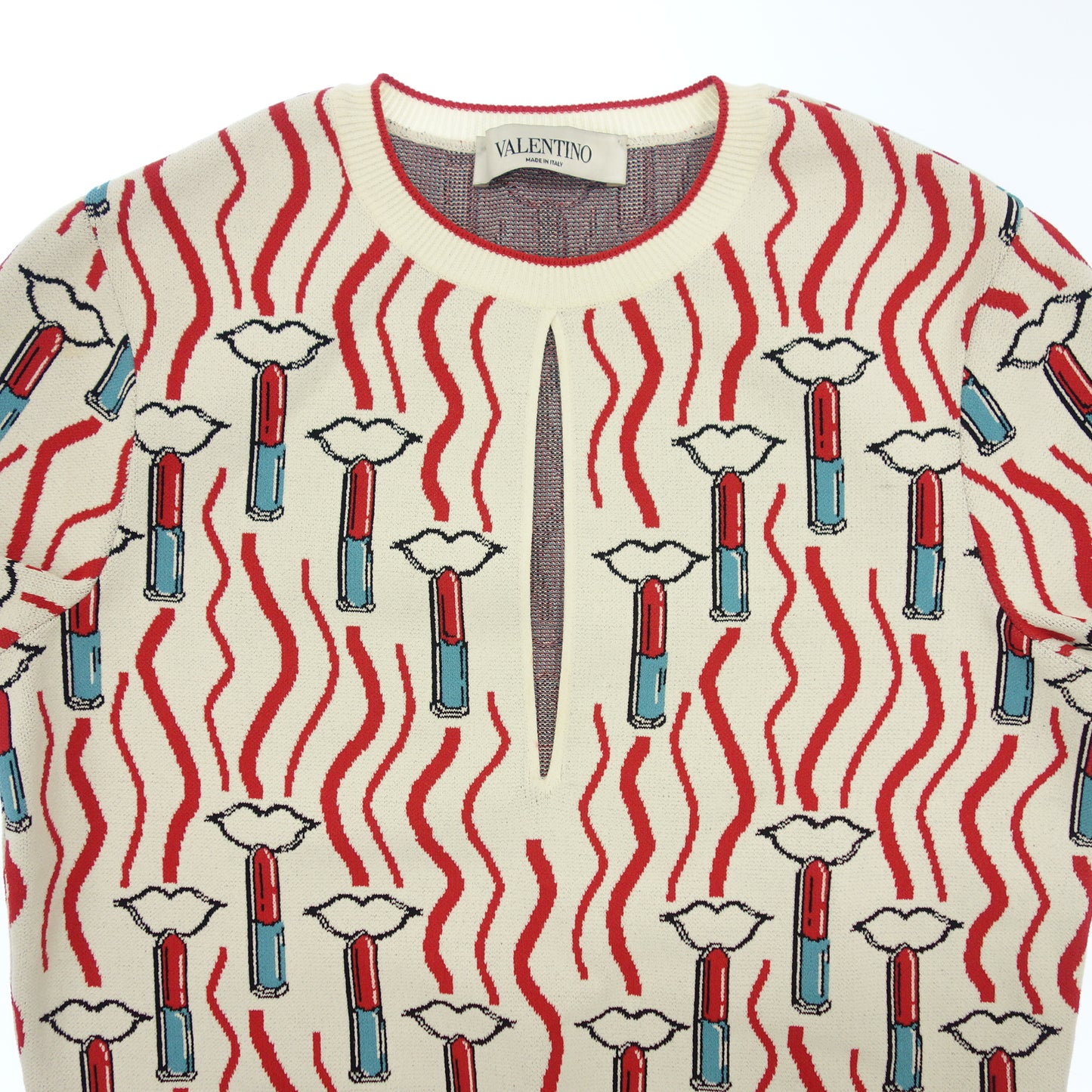 美品◆ヴァレンティノ ニットTシャツ ポリエステル レーヨン レディース 総柄 白系 サイズS VALENTINO【AFB3】