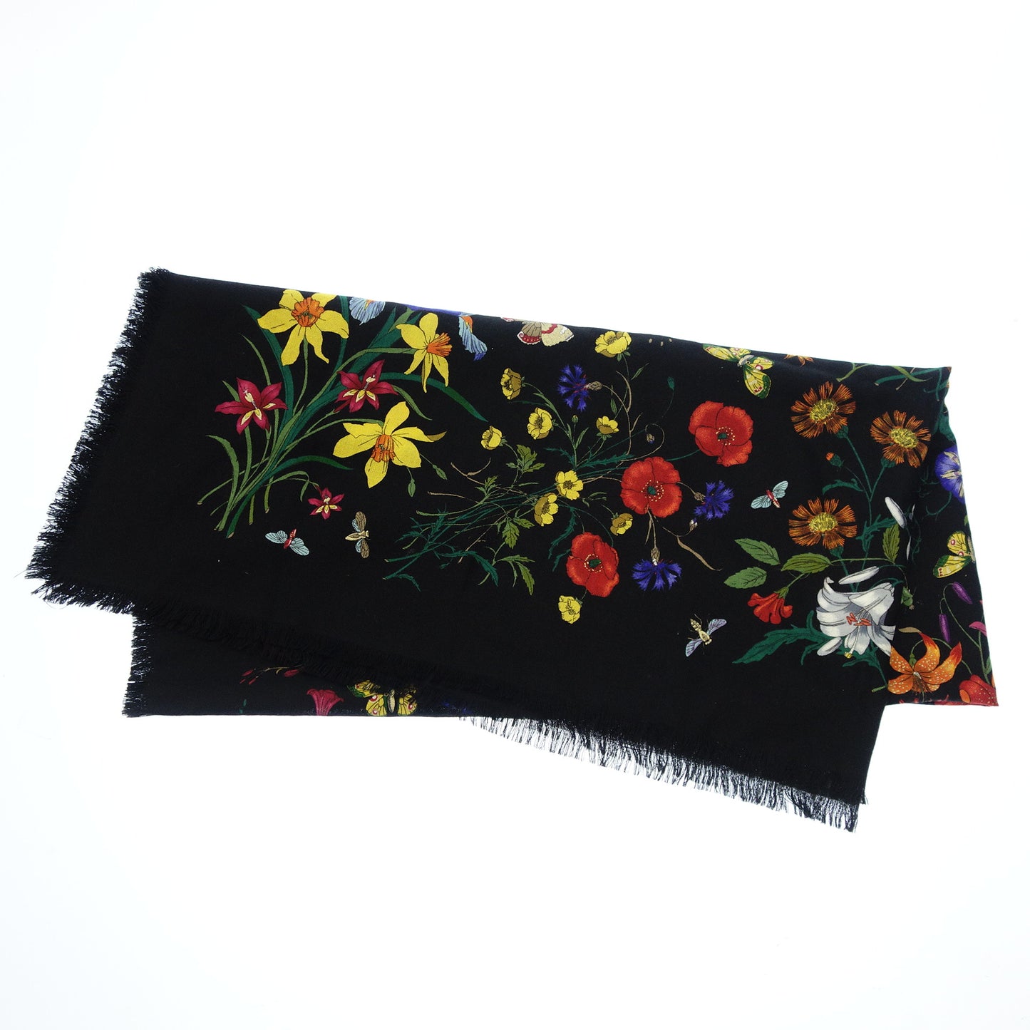 美品◆グッチ 大判ストール フラワー ウール 黒系 GUCCI【AFI13】