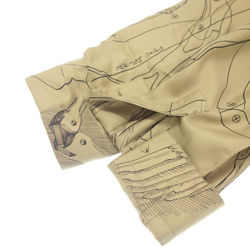 美品◆エルメス シャツ ロングスリーブ 総柄 シルク100% メンズ サイズ44 ブラウン系 HERMES【AFB15】