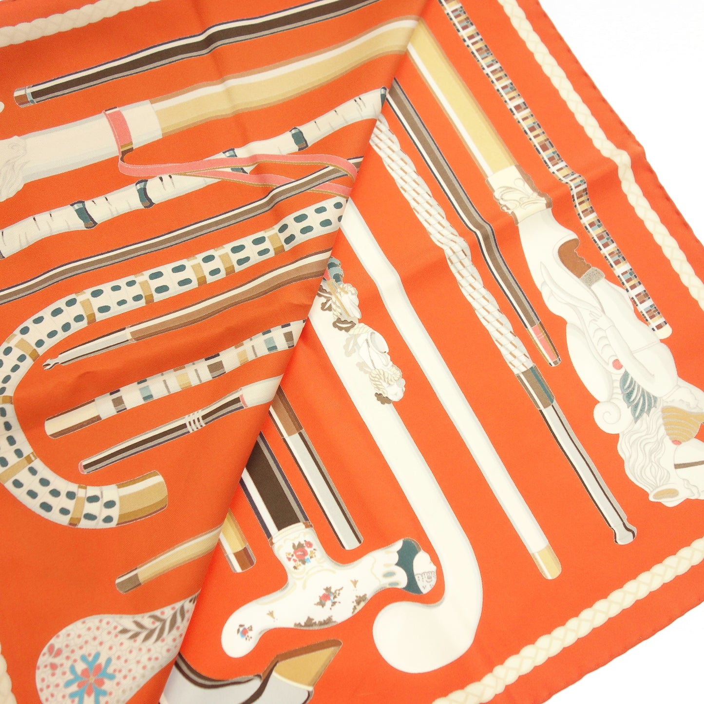 美品◆エルメス スカーフ カレ90 シルク Les cannes ステッキ オレンジ系 HERMES【AFI20】