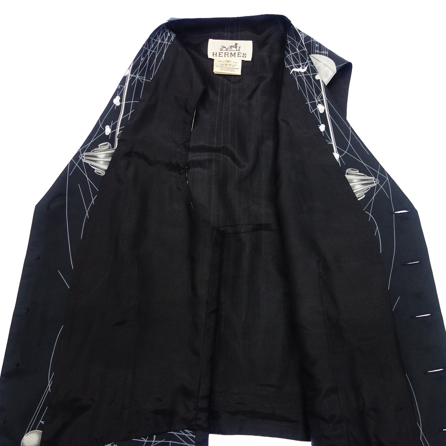 エルメス シルクベスト スカーフ柄 メンズ 50 黒×水 HERMES【AFB14】【中古】