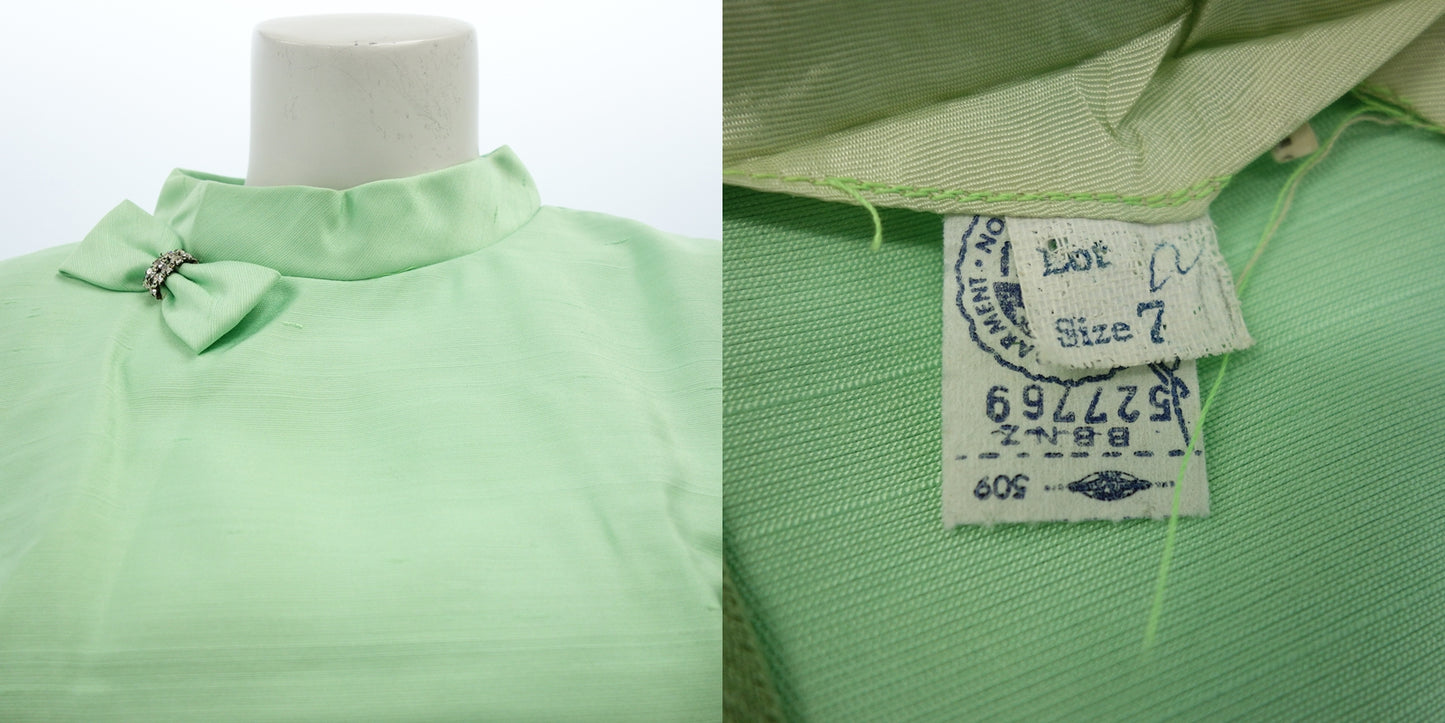 ヴィンテージ ワンピース レトロ 裾リボン付 サイズ7 レディース グリーン UNION MADE ILGWU【AFB19】【中古】